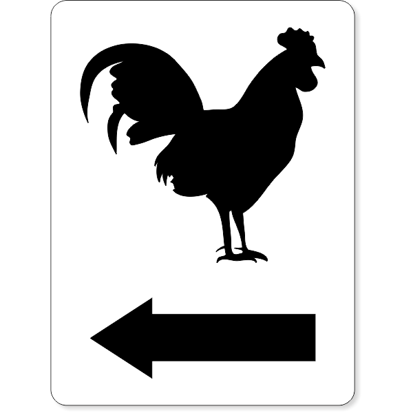 Rooster with an arrow pointing left restroom sign
