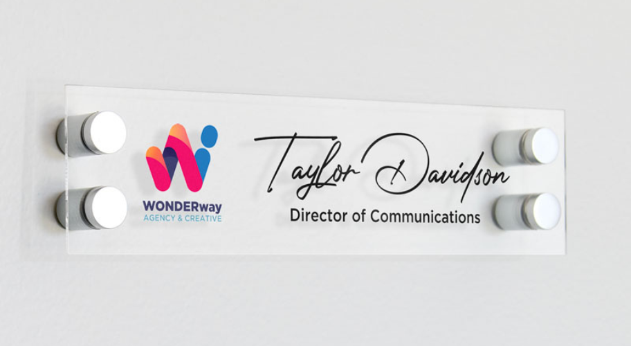 An Acrylic Name Plate with a Logo, Name, and Title