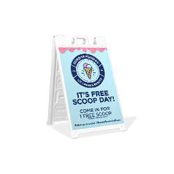 A sandwich board sign for an ice cream shop featuring their logo