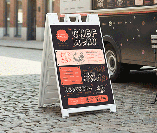 An assortment of different sandwich board signs in different locations