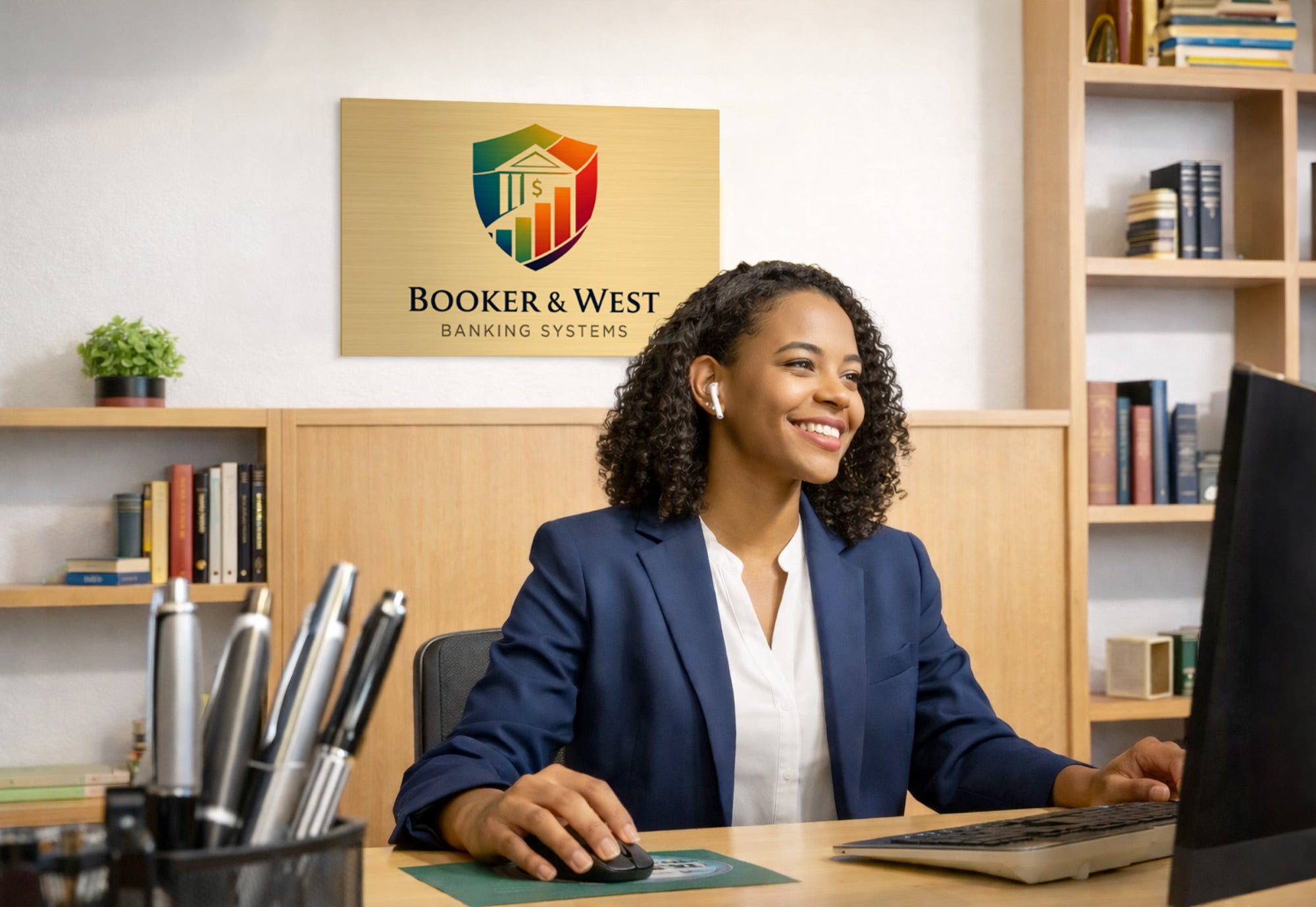 Woman at desk with a brass sign behind her